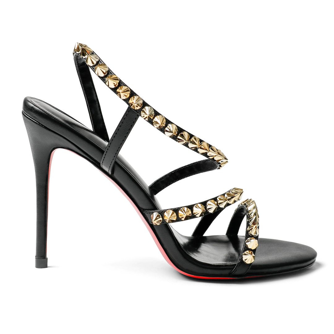100mm Cross Heel Elastic Strap Gold Studs Red Bottoms Party Stiletto Sandals Pumps-vocosishoes