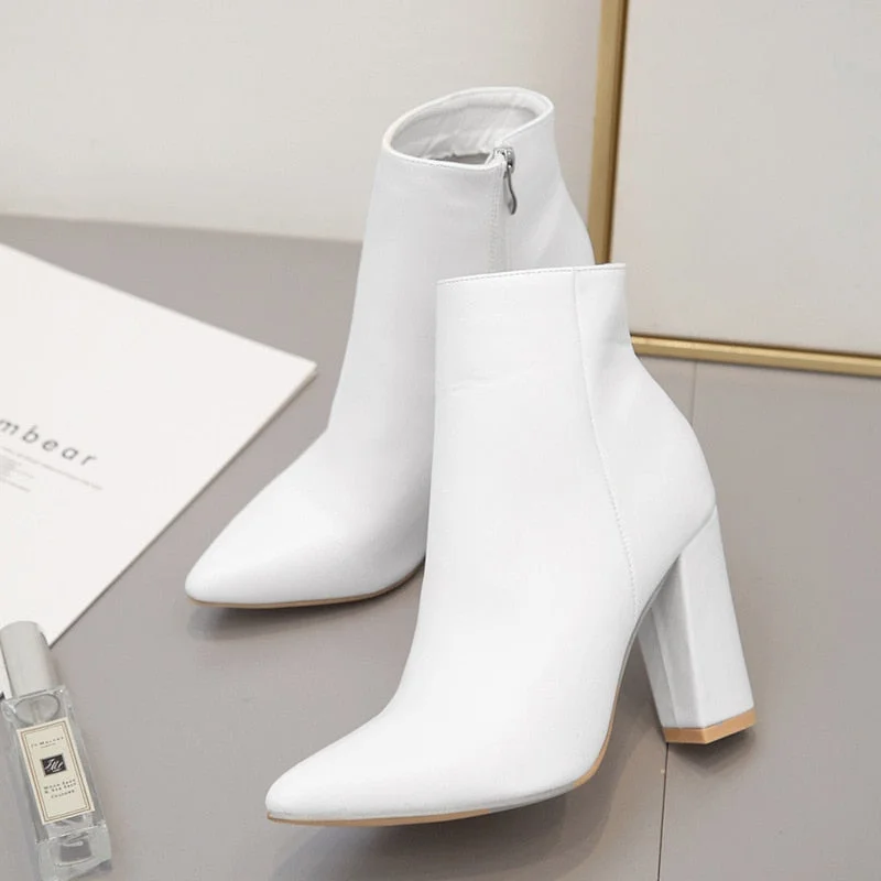 Comemore New Spring Autumn Boots Women's Shoes High Heels Winter Woman White Pointed Thick Heel Women Dress Short Ankle Boots 40