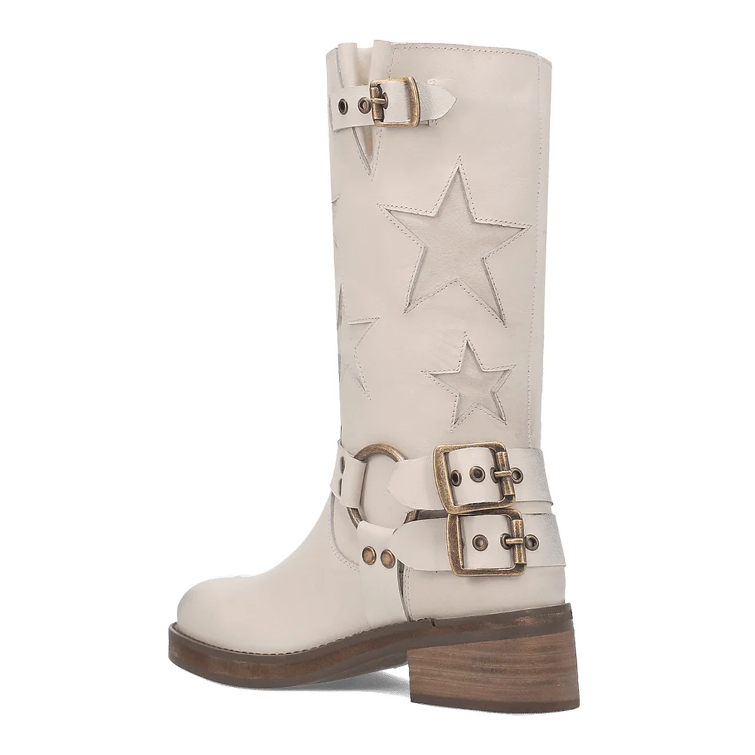 White Vegan Leather Round Toe Star Inlay Studded Block Heel Boots