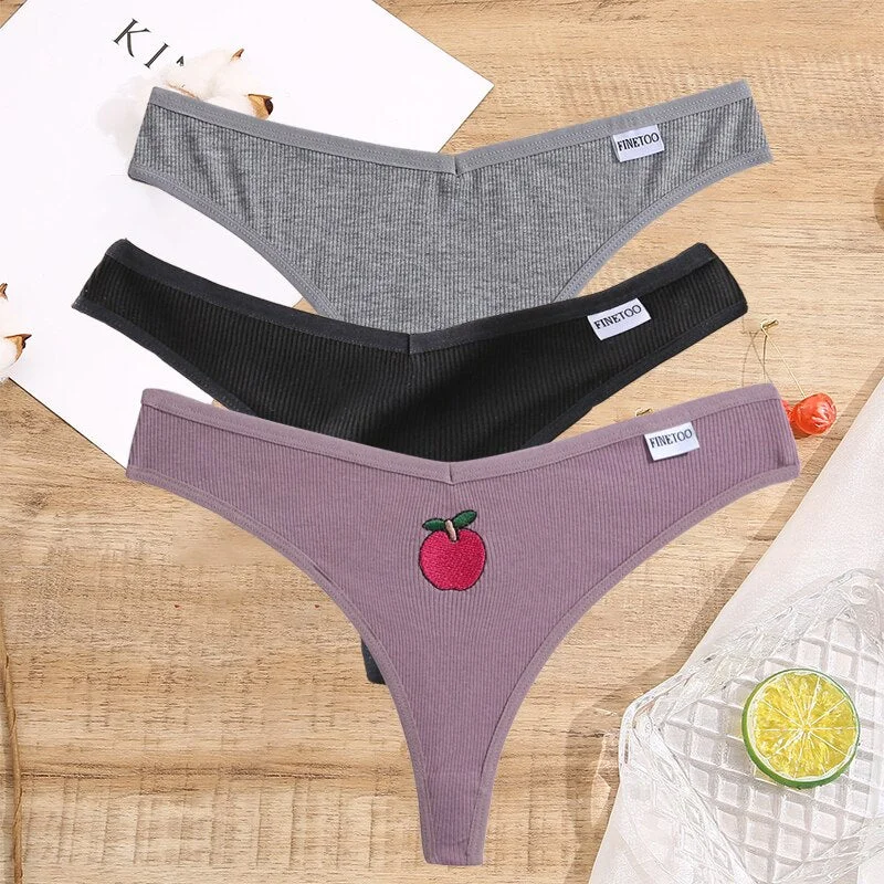FINETOO 2/3PCS Women Lingerie Fruit Embroidery Panties G-string Sexy Low Rise Cotton Thongs Girl Underwear V-Waist Female Pantys