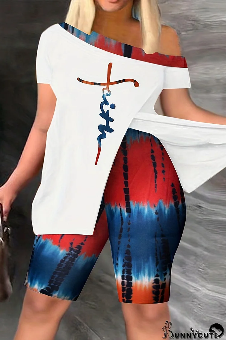 White Casual Print Patchwork Slit Oblique Collar Short Sleeve Two Pieces