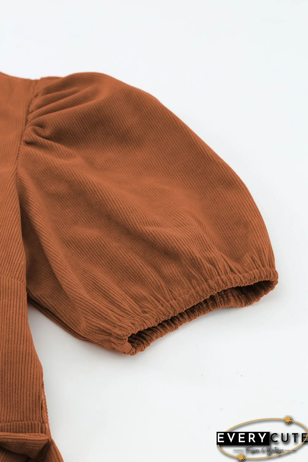 Brown Tie Knot Puff Sleeve Straight Leg High Rise Jumpsuit