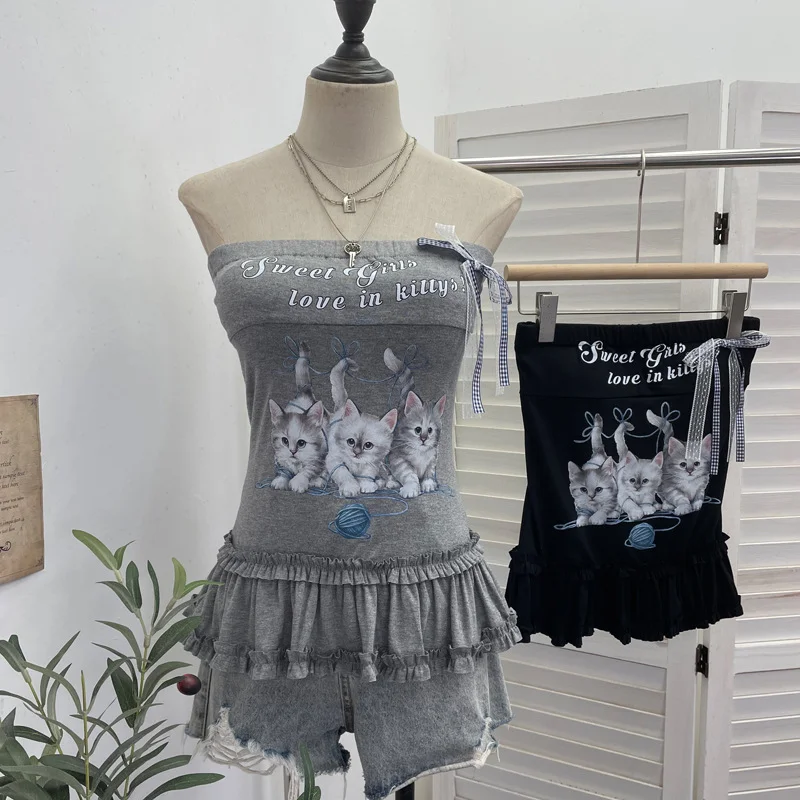 Nigikala Nigikala Kitten Print Bow Sweetheart Hottie With Chest Pads With Chest Bra Vest Wooden Ear Top 1270