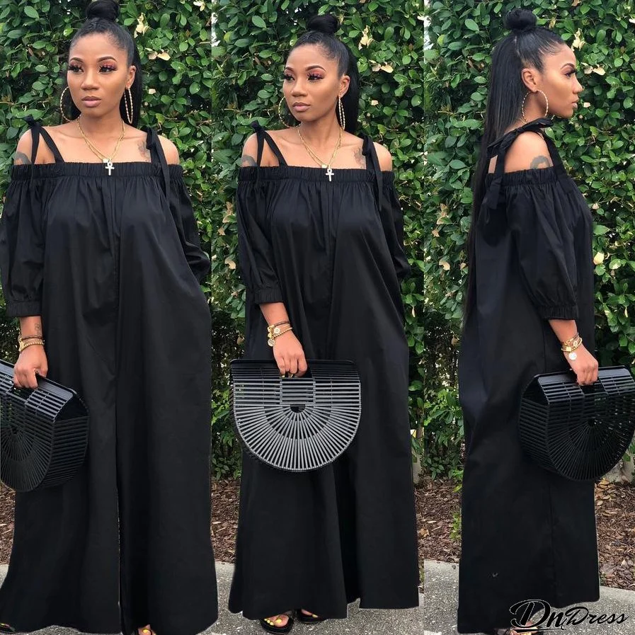 Women Casual Off Shoulder Lantern Sleeve Suspender Loose Wide Leg Jumpsuit