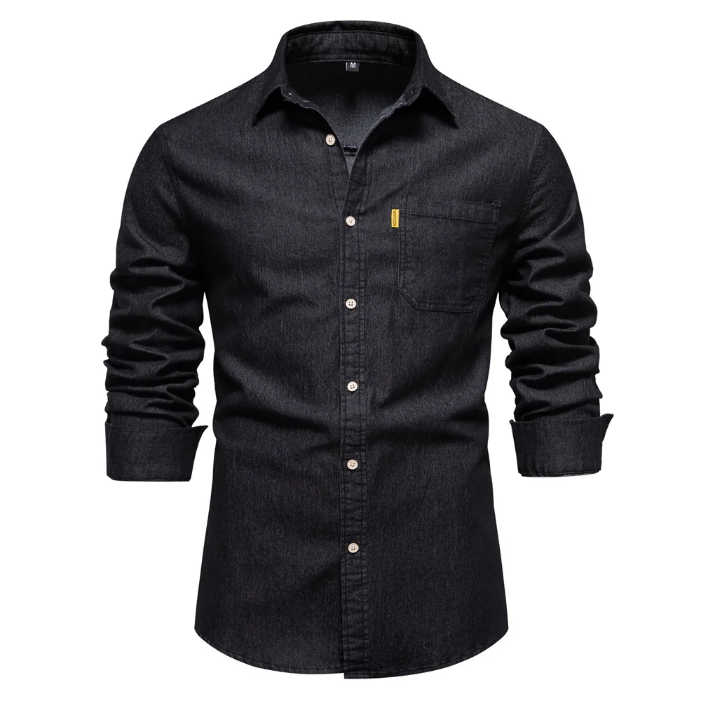 Men's Casual Solid Color Long-sleeved Denim Shirt
