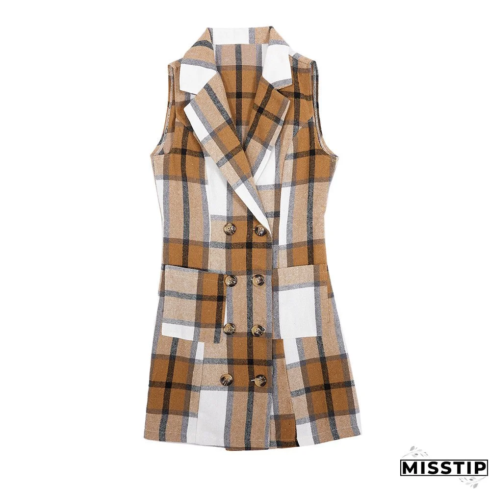 Women's Fashion Plaid Long Vest Turndown Collar Sleeveless Blazer