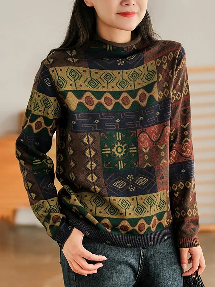 Half-High Collar Cotton Colorblock Women Autumn Casual Sweater