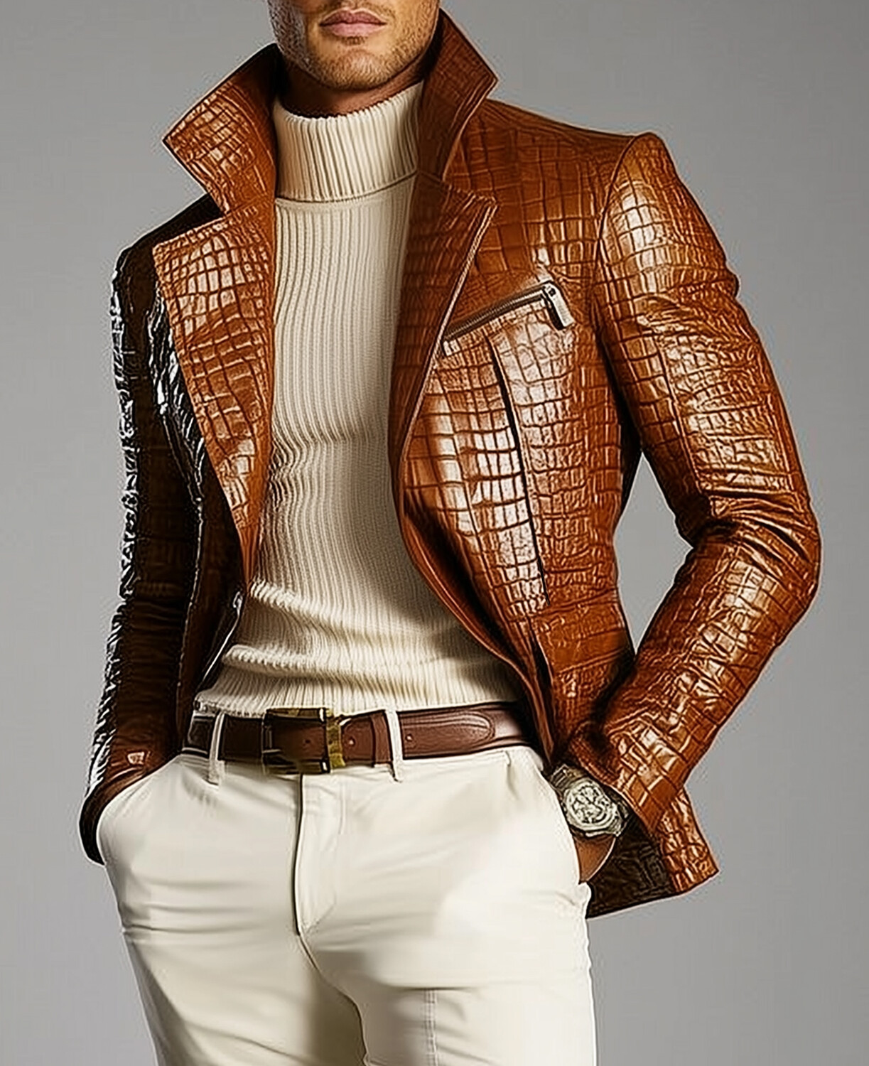 Okaywear PU Leather Alligator Pattern Notch Lapel Jacket