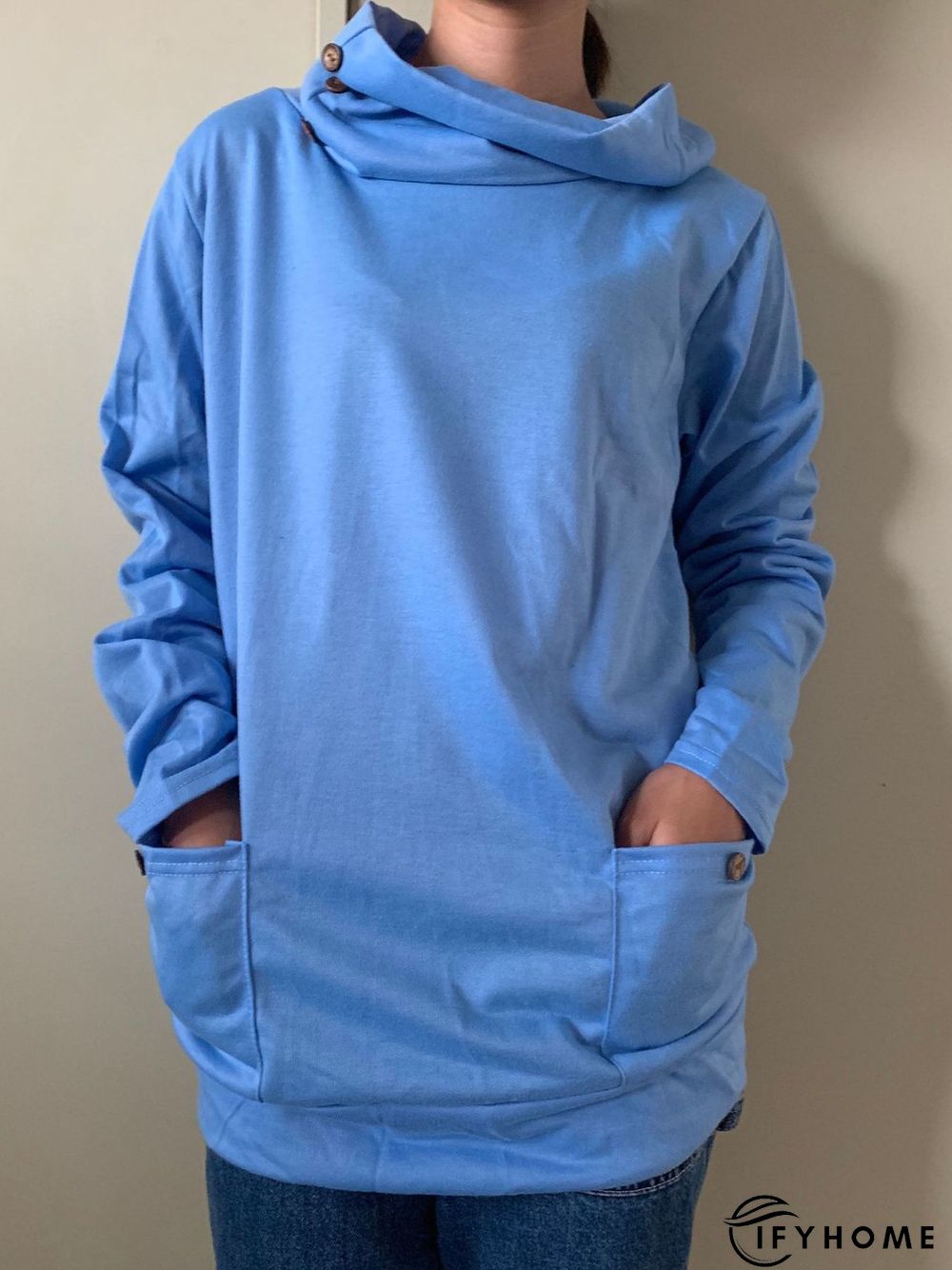 Vintage Plain Long Sleeve Buttoned Cowl Neck Plus Size Casual Sweatshirts | IFYHOME