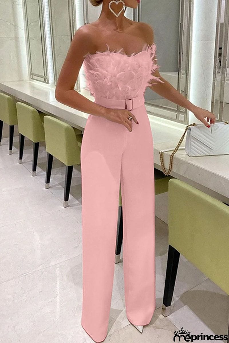 Sexy Solid Patchwork Feathers With Belt Strapless Straight Jumpsuits(Contain The Belt)