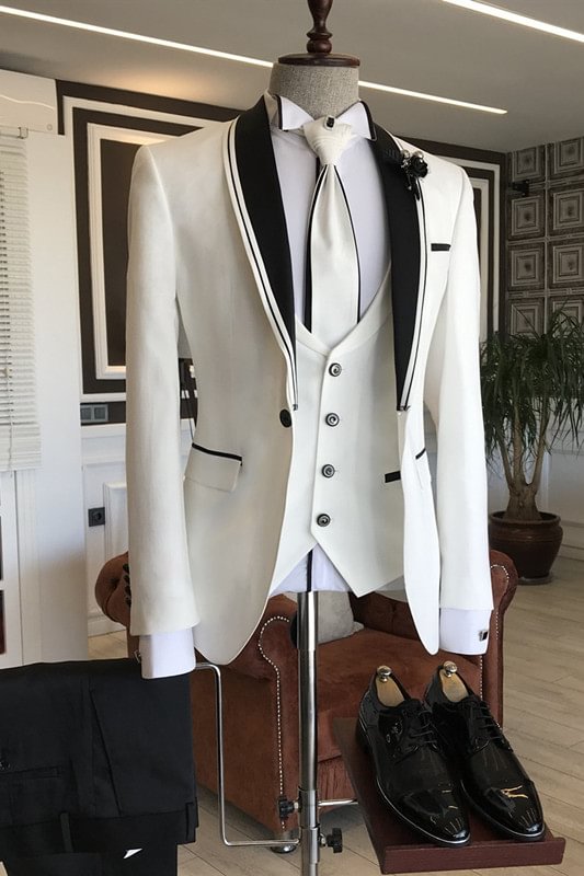 Bespoke White Slim Fit Wedding Men's Suits With Black Shawl Lapel | Ballbellas Ballbellas