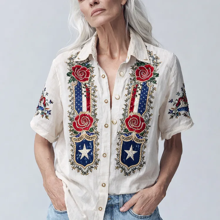 U.S. 250th Anniversary Flowers Boho Art Print Casual Shirt