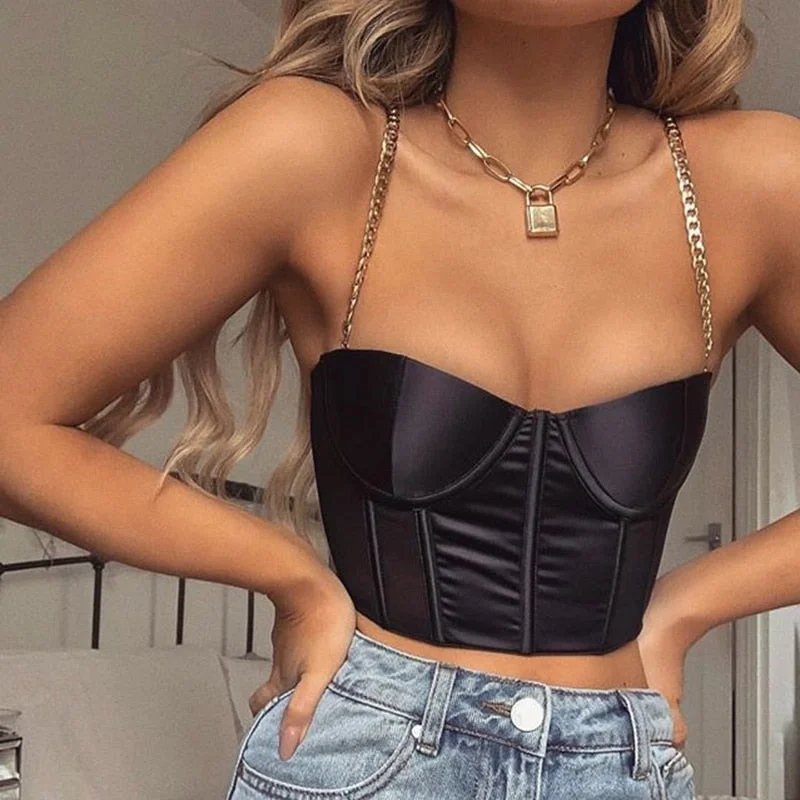 NewAsia Summer Crop Top Women Sexy Bustier Top Blackless Chain Strap Padded Cropped Casual Satin Black Crop Tops Clothes 2020