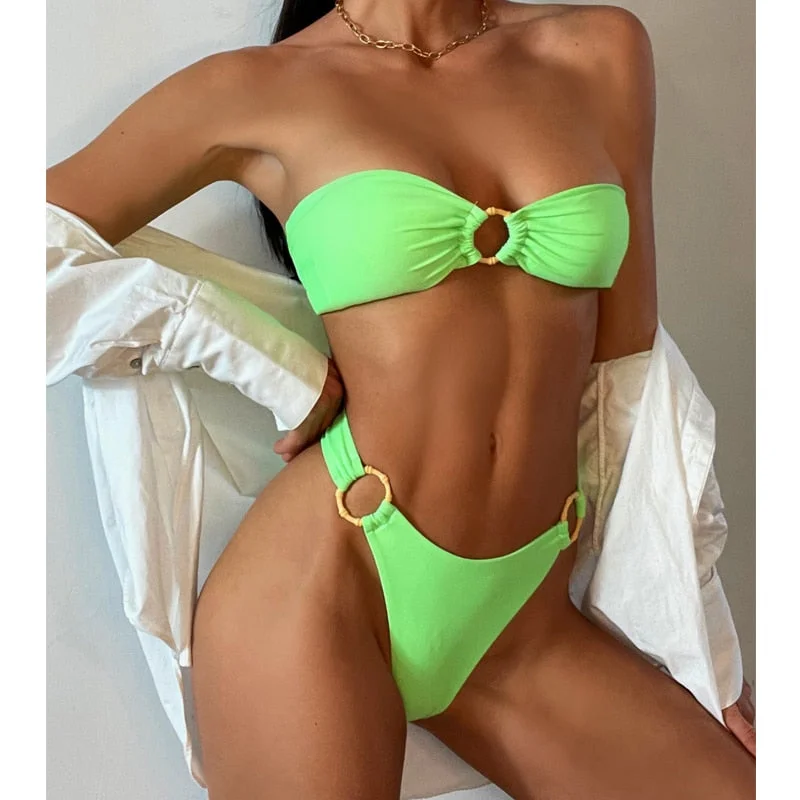 Solid Green Bikinis Mujer 2021 New Swimwear Women Push Up Bikini Set Swimsuit Bathing Suit Beachwear Swimming For Female Biquini