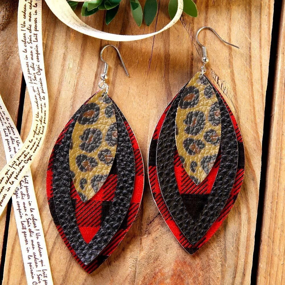 3 Layered Hollow Out Sequin Plaid Leather Earrings