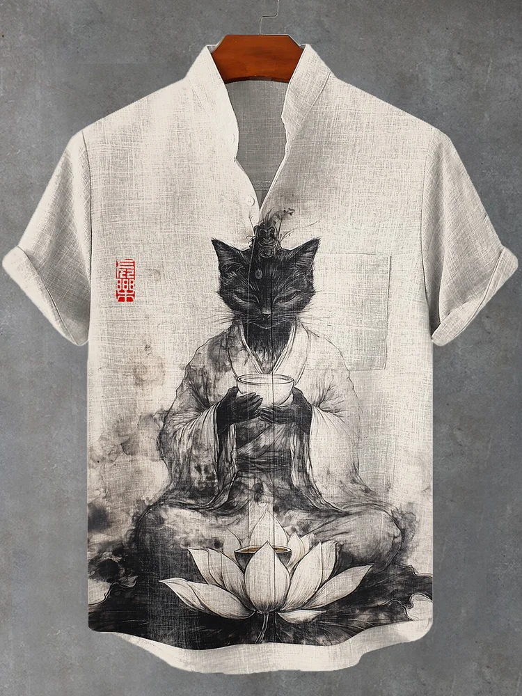 Men's Lotus Japanese Kimono Cat Tea Ink Art Print Shirt