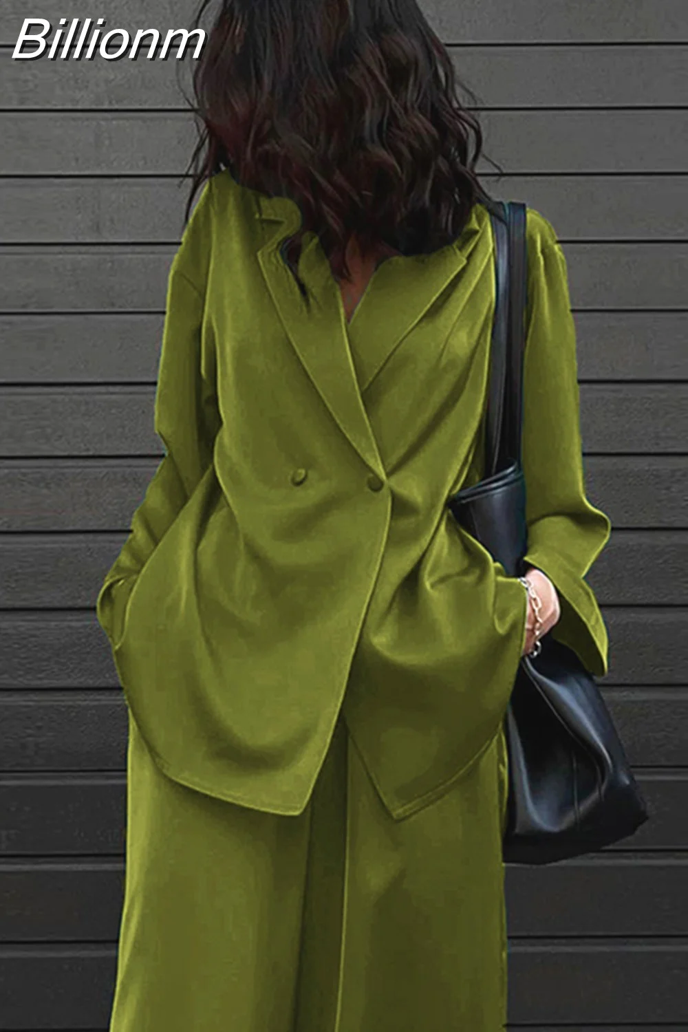 Billionm Fashion Long Sleeve Blazer Two Piece Sets Women Outifits Casual Loose Office Pants Set Elegant Green Satin Trouser Suits
