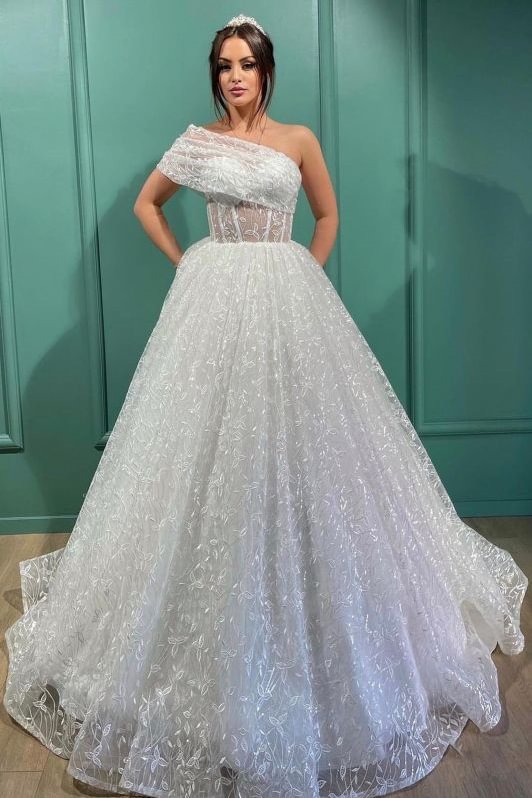 Embroidery One-Shoulder A-Line Lace Long Wedding Dress | Ballbellas Ballbellas