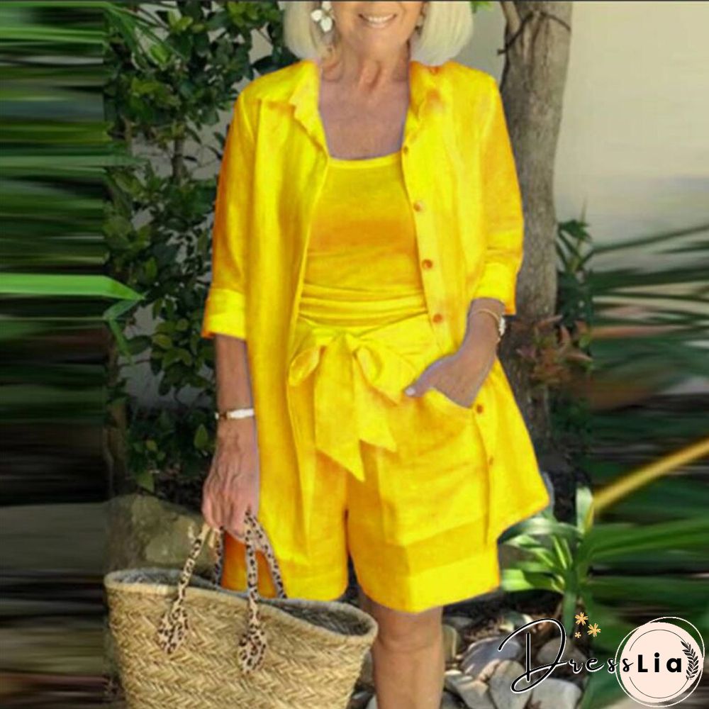 Cotton Linen Women 2Pcs Set Outfits Autumn Fashion Solid Loose  Casual Button Long Shirt Jacket+Straight Knee Shorts Suits Mujer