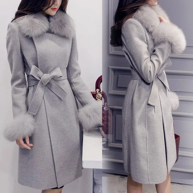 Elegant Fashion Collar Detachable Fur Collar Wool Blend Coat S13168