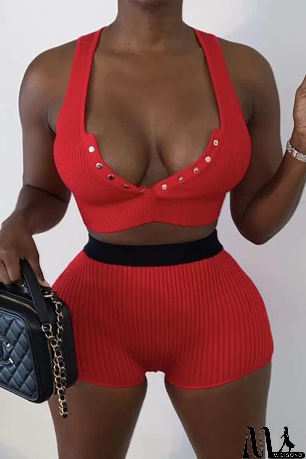 MidiSono - Red Sexy Solid Buckle V Neck Sleeveless Two Pieces