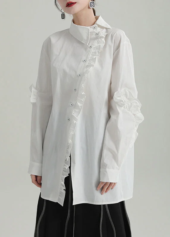 Boho White Asymmetrical Design Ruffled Cotton Blouse Top Fall