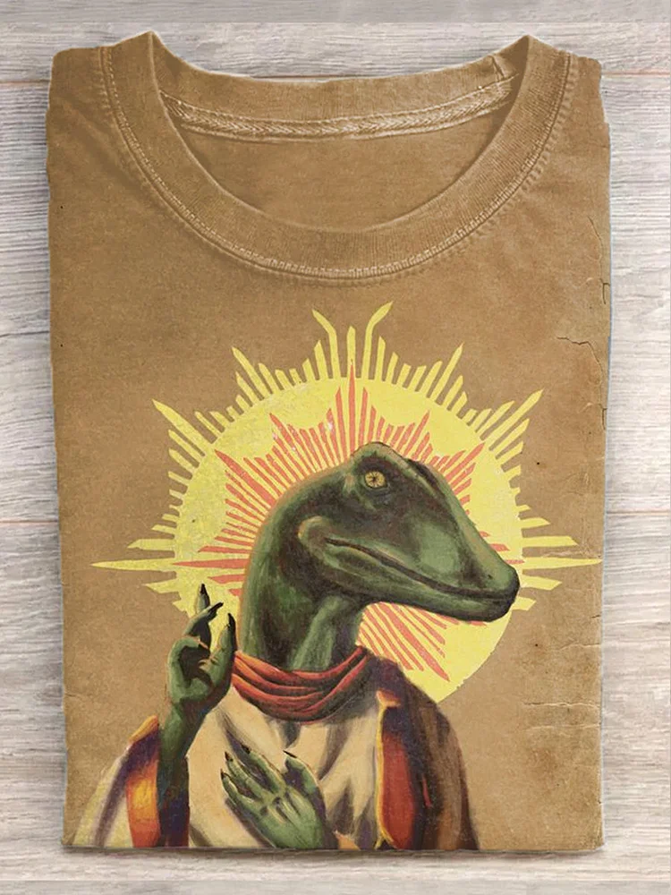 Unisex Jesus Dinosaur Illustration Print Casual Short Sleeve T-Shirt