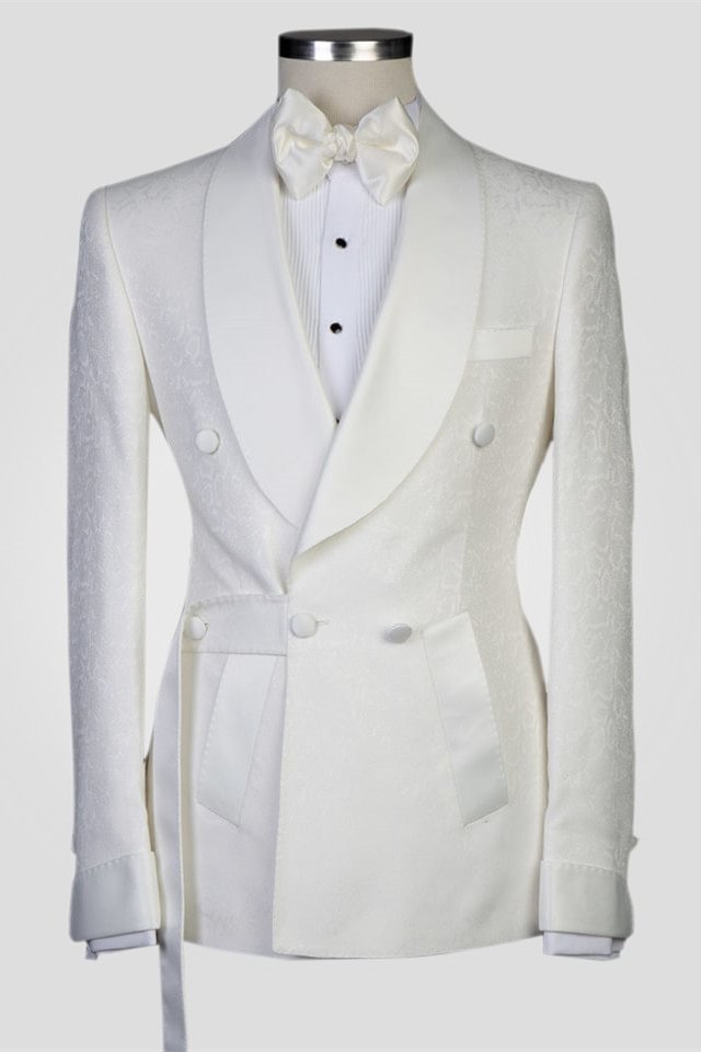 Fashion Double Breasted White Jacquard Shawl Lapel Men Suits for Wedding | Ballbellas Ballbellas