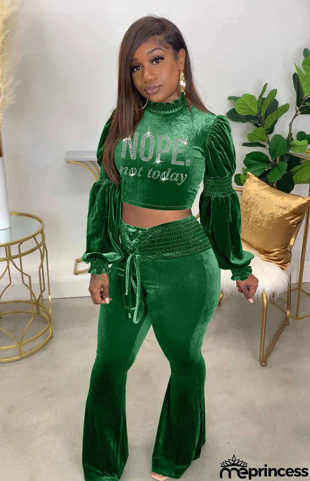 Fashion Letter Print Princess Sleeves Slim-Waist Flare Pant Suits