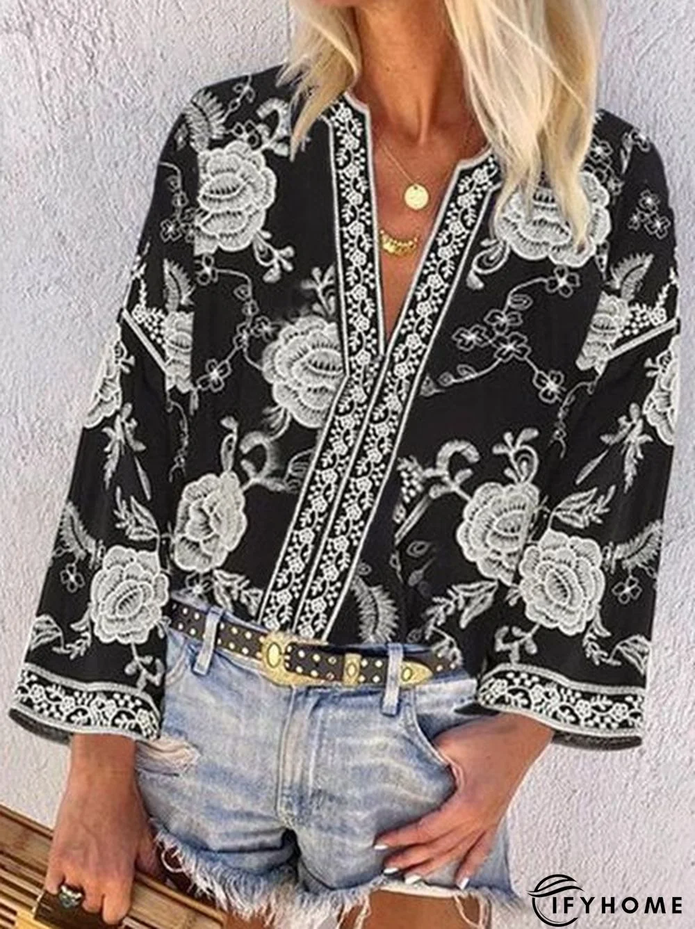 Boho Floral Pattern Long Sleeves V Neck Casual Top | IFYHOME