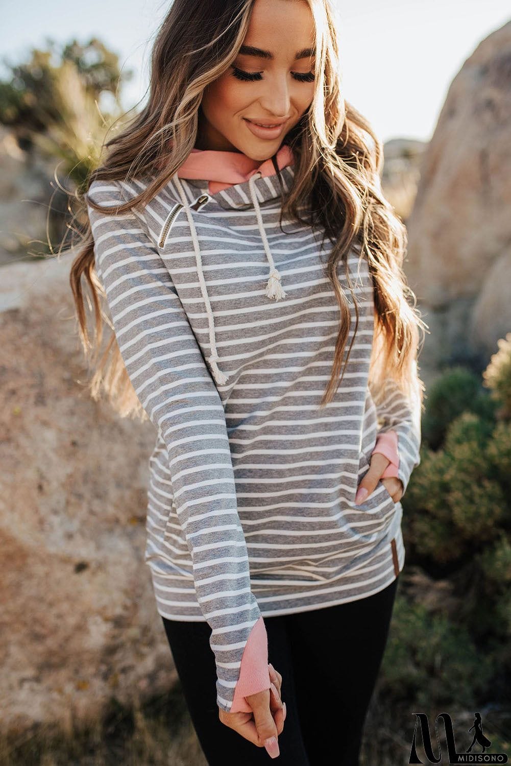 MidiSono - Striped Cowl Neck Hoodie with Pocket