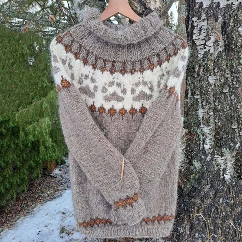 Vintage Icelandic Knit Jacquard Warmth Oatmeal Crew Neck Sweater（Unisex）