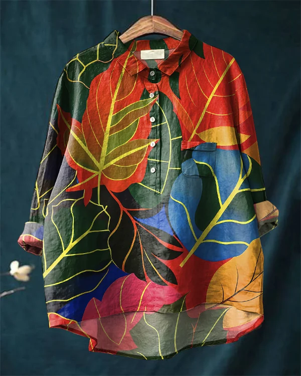 Vintage Autumn Leaves Art Print Cotton and Linen Shirt