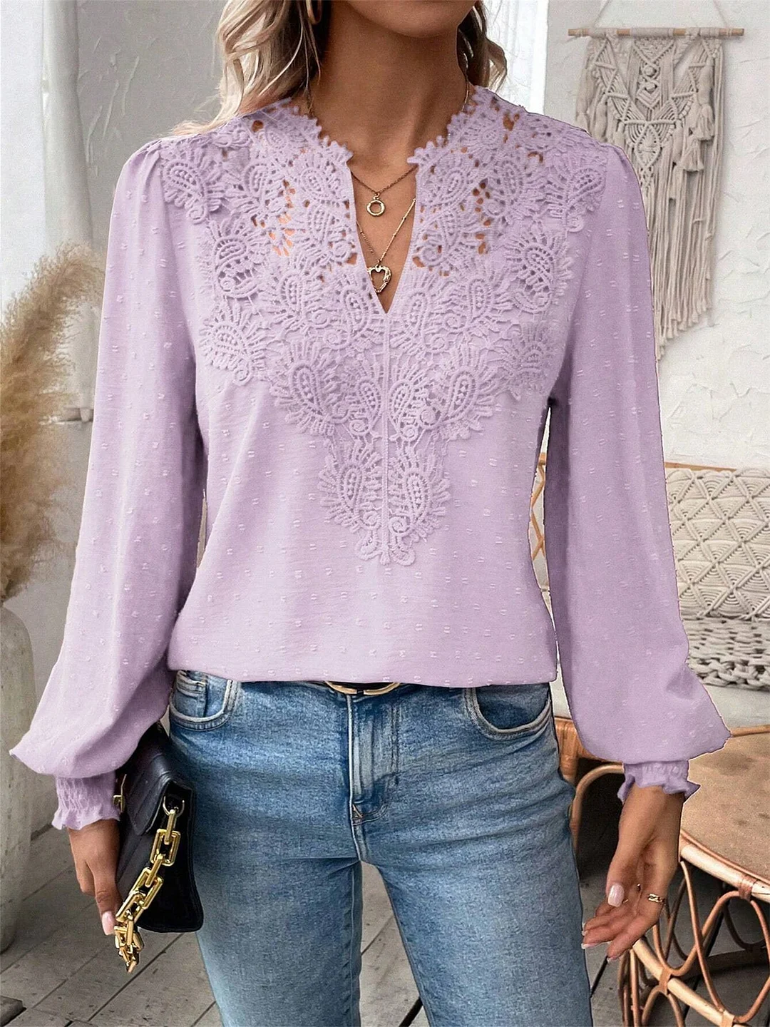 Women Long Sleeve V-neck Solid Color Lace Tops