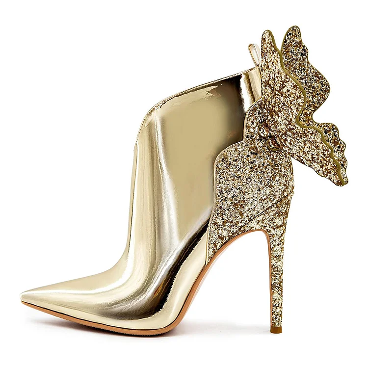 Metallic Gold Sparkly Boots Glitter Butterfly Stiletto Heel Booties |FSJ Shoes
