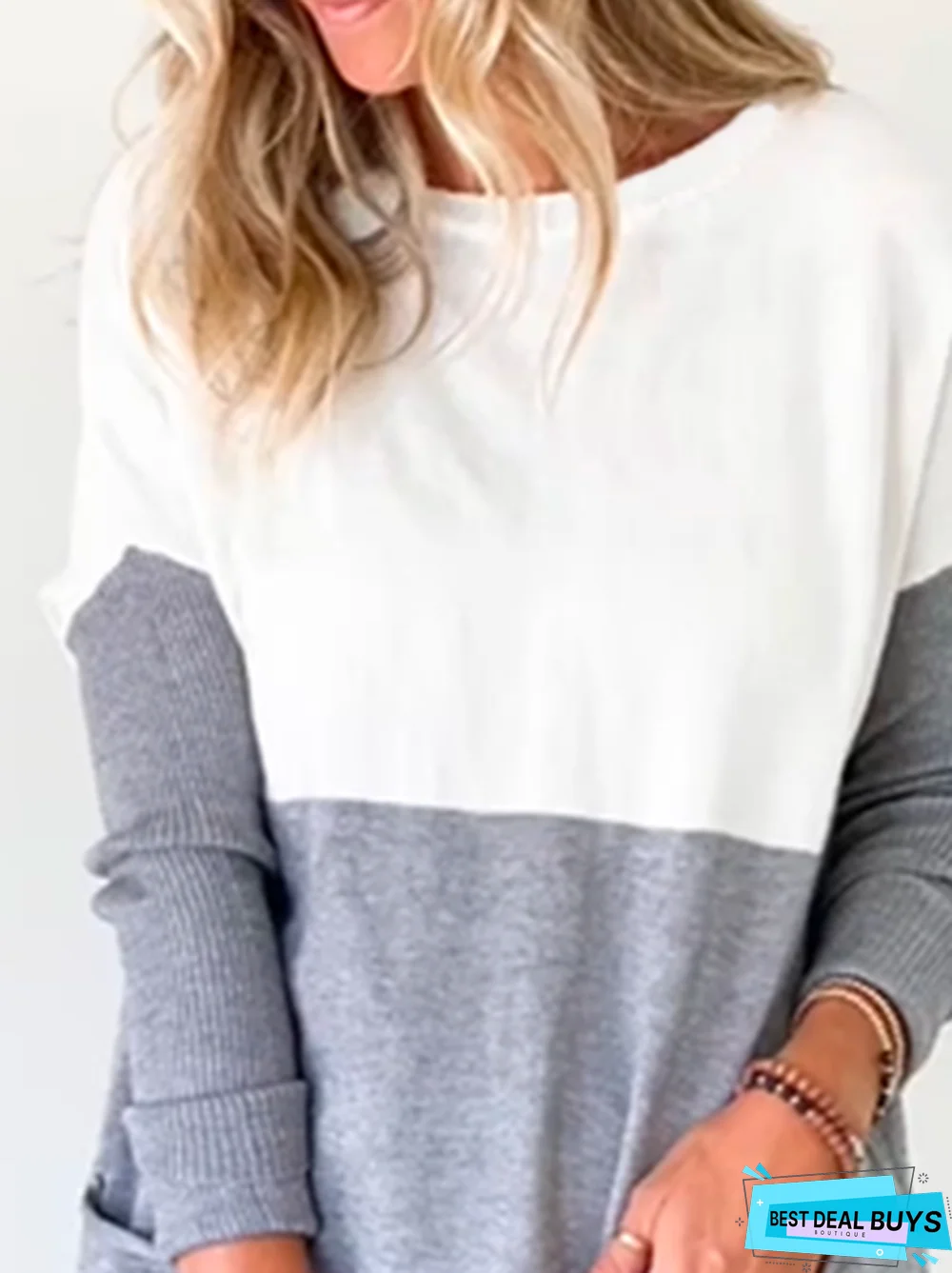 Casual Color Block Autumn Daily Loose Jersey Long sleeve Crew Neck Regular Tunic Top for Women