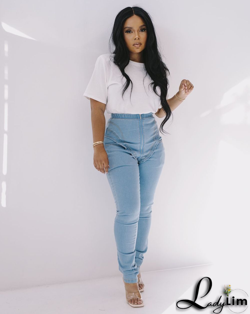 Solid Color Zipper Stretch High-rise Jeans