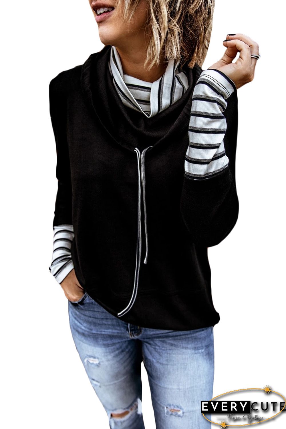 Striped Splicing High Neck Sweatshirt