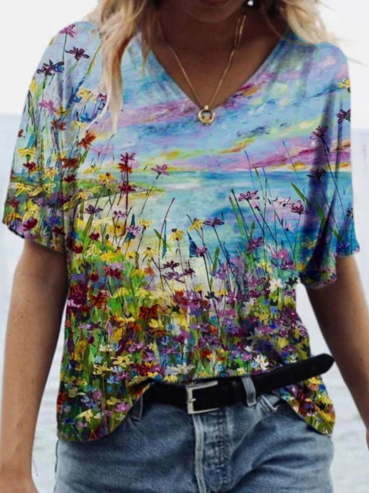 Floral Beach Sunset Art V Neck T Shirt  artssus