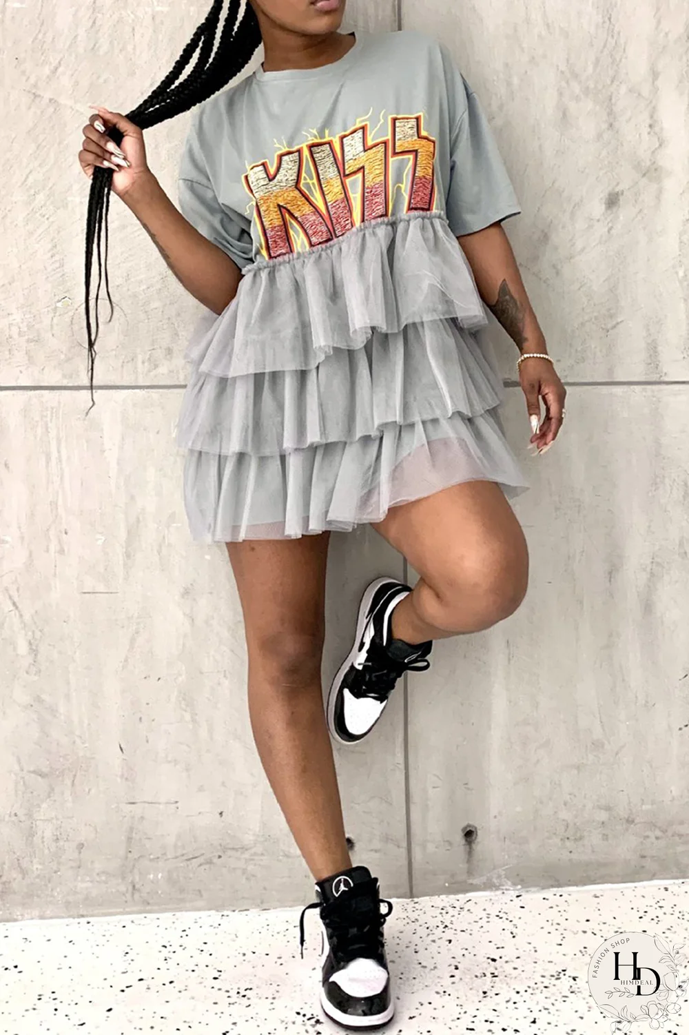 Blue Casual Print Letter O Neck Cake Skirt Dresses