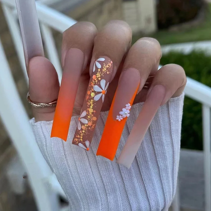 Churchf Churchf Autumn Orange French Long Water Pipe Nail Hot Girl Ins Wind Diamond Flower Wear Nail