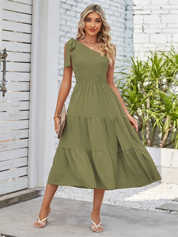 Sleeve Length:Sleeveless Summer Women's New Single-shoulder Pleated Layered Hem Split Solid Color Dress Pleated Dresses