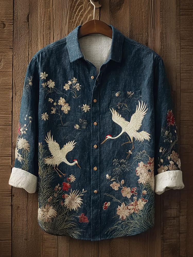 Japanese Art Retro Style Plant Flower And Crane Pattern Men's Cotton And Linen Shirt  artssus