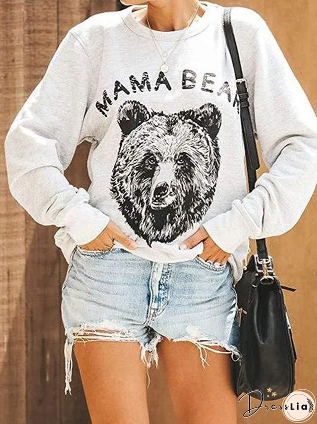 Bear Letters Print Round Neck Long Sleeve T-Shirts