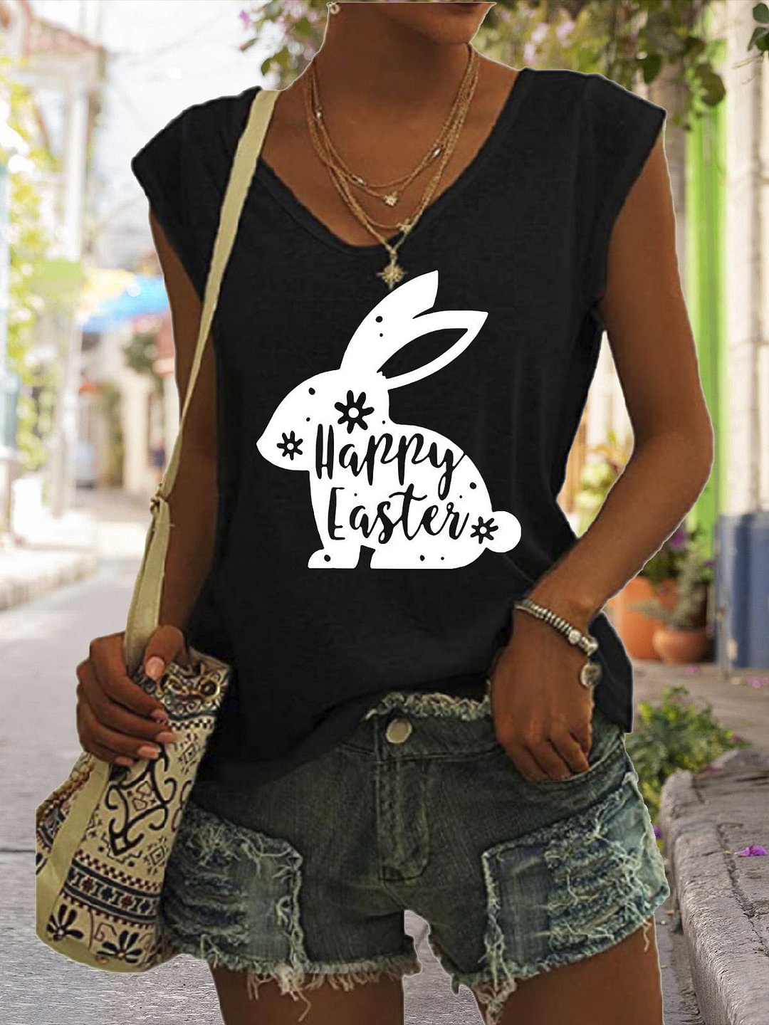 Women's Sleeveless V-neck Graphic Printed Top
