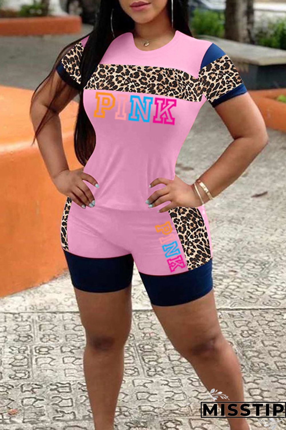 Black Fashion Casual Letter Print Leopard Patchwork O Neck Short Sleeve Two Pieces