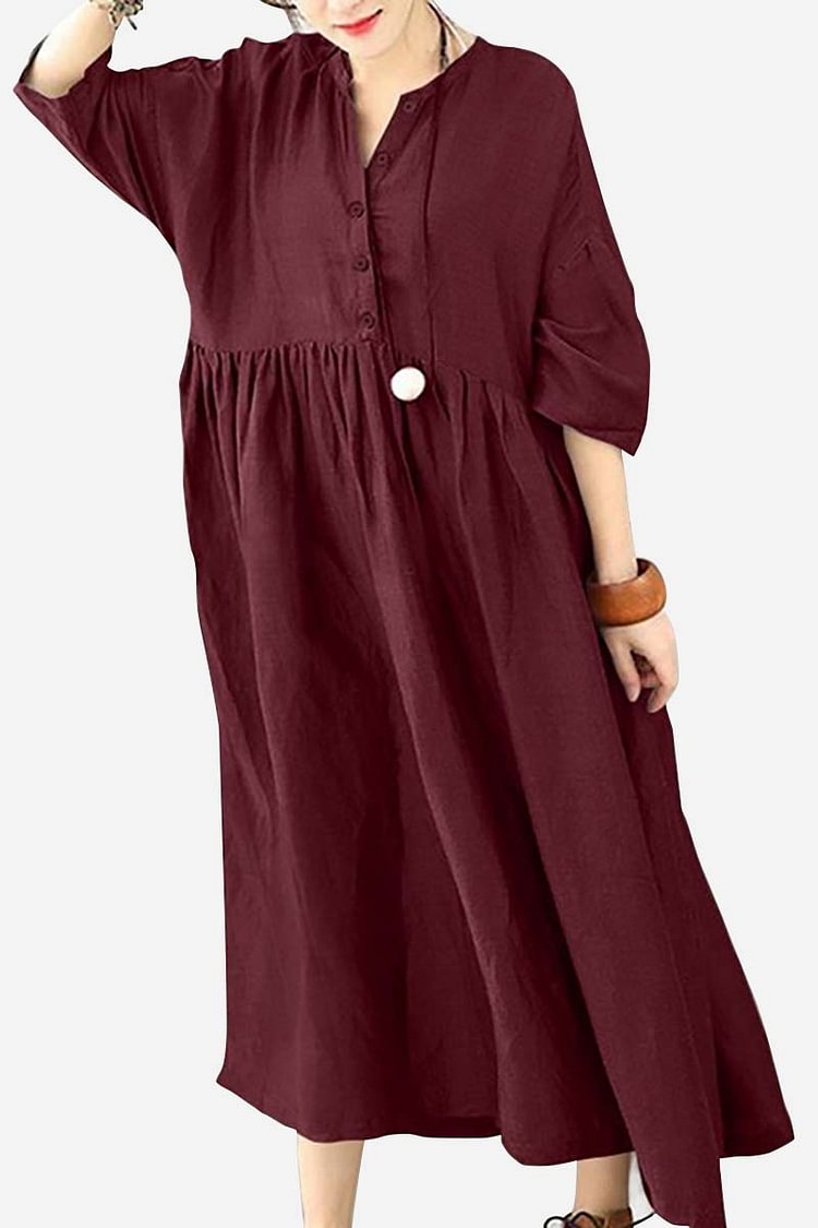 Linen V Neck Button Up Three Quarter Sleeve Pleated Flowy Maxi Shirt Dress