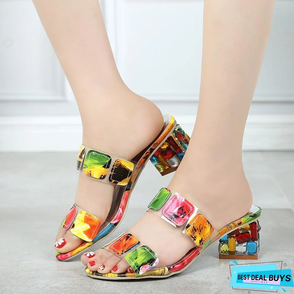 Women Crystal Multi Colors Sandals High Heels Open Toe Beach Flip Flops Heels Shoes