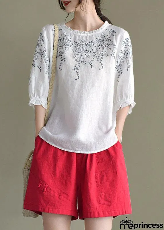 Handmade Navy lantern Sleeve O-Neck Embroidered Summer Ramie Blouses