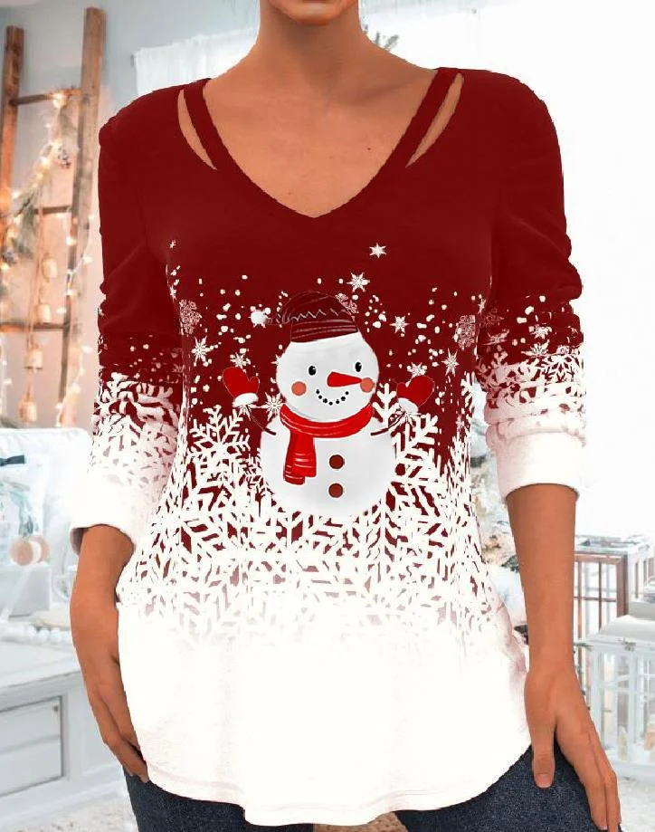 Christmas Long Sleeve V-neck Hollow T-shirt VangoghDress